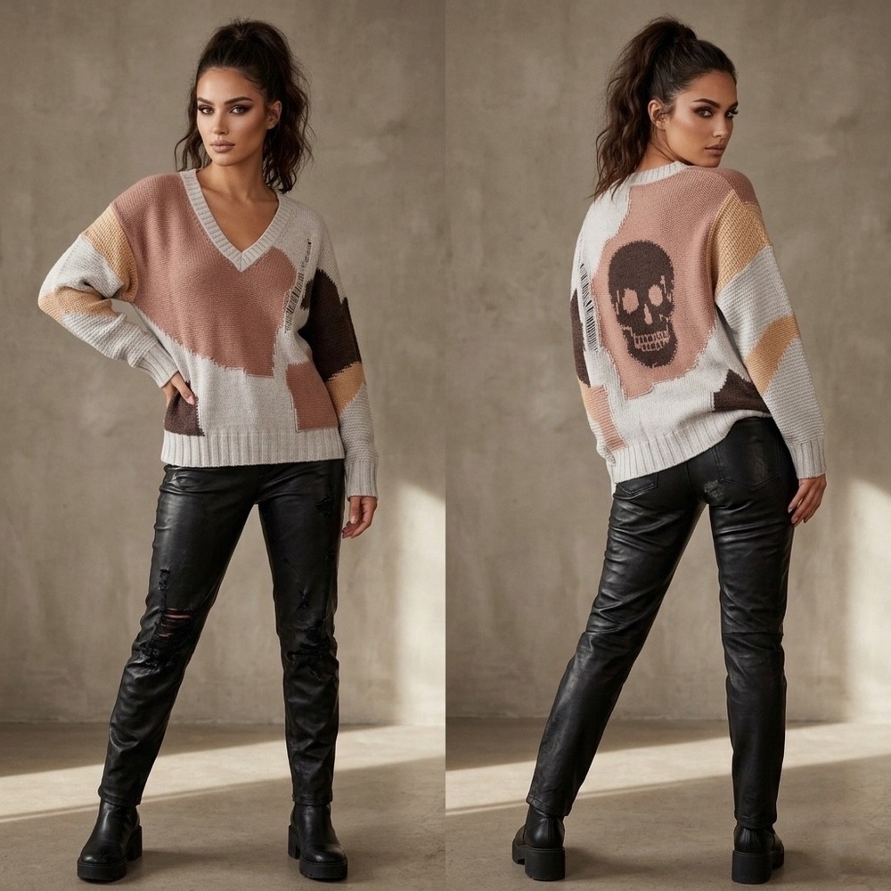Skull Cashmere Womens Colorblock‎ Intarsia Distressed Skull Sweater Large Rare